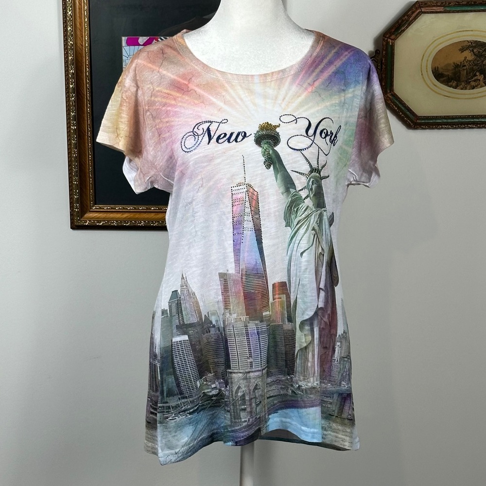 Sweet Gisele New York Tee Rhinestones Watercolor Skyline - SIZE XL Fitted Y2K